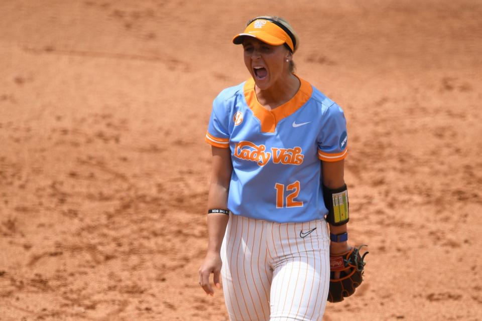 Tennessee's Mackenzie Donihoo (12) yells out after Tennessee gets an out against Texas in the NCAA  softball super regional in Knoxville,Tenn. on Saturday, May 27, 2023. 
