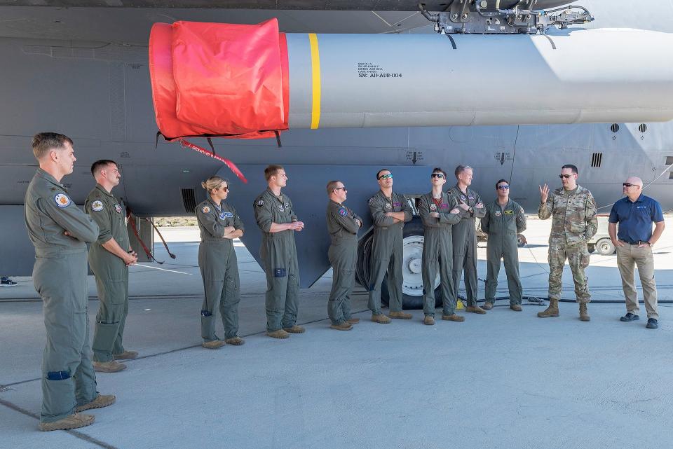 A picture from the event at Edwards yesterday of what looks to be a live AGM-183A ARRW missile under the wing of a B-52 bomber. <em>USAF</em>