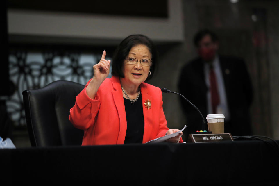 Sen. Mazie Hirono, D-Hawaii, speaks during a Senate Judiciary Committee business meeting to consider authorization for subpoenas relating to the Crossfire Hurricane investigation, and other matters on Capitol Hill in Washington, Thursday, June 11, 2020. (AP Photo/Carolyn Kaster, Pool)