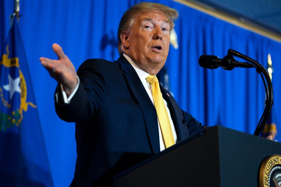 President Donald Trump delivers the commencement address at the "Hope for Prisoners" graduation ceremony, Thursday, Feb. 20, 2020, in Las Vegas.