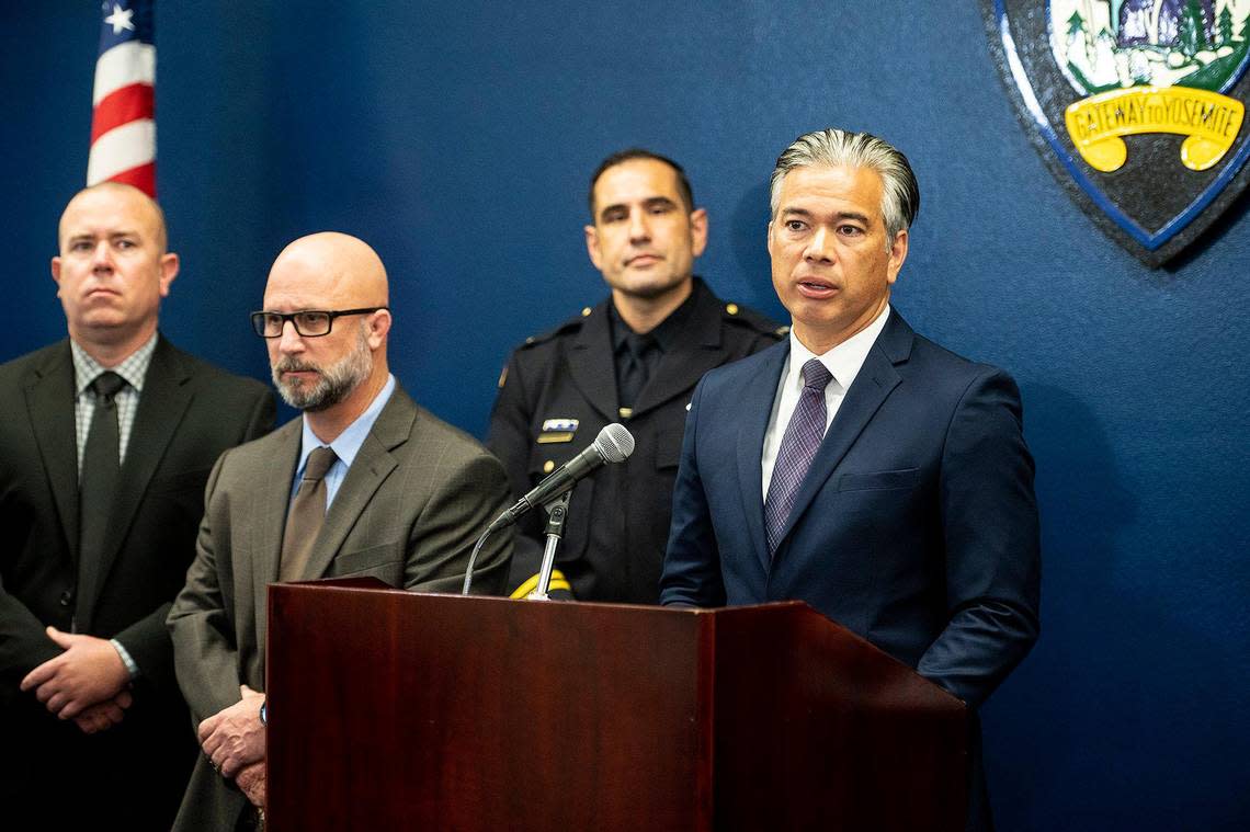 California Attorney General Rob Bonta speaks during a news conference announcing the arrest of 34-year-old Dhante Jackson and three others at the Merced Police Department in Merced, Calif., on Sunday, Sept. 11, 2022. Jackson was wanted on a warrant for murder and felony child abuse in connection with the death of 8-year-old Sophia Mason.