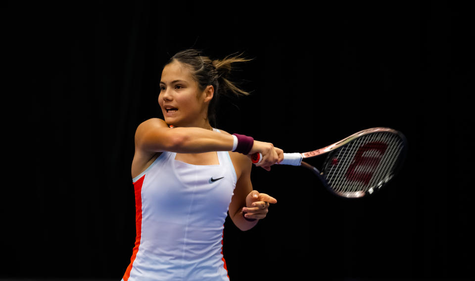 Seen here, Emma Raducanu in action against Daria Kasatkina during her first round match of the Agel Open. 