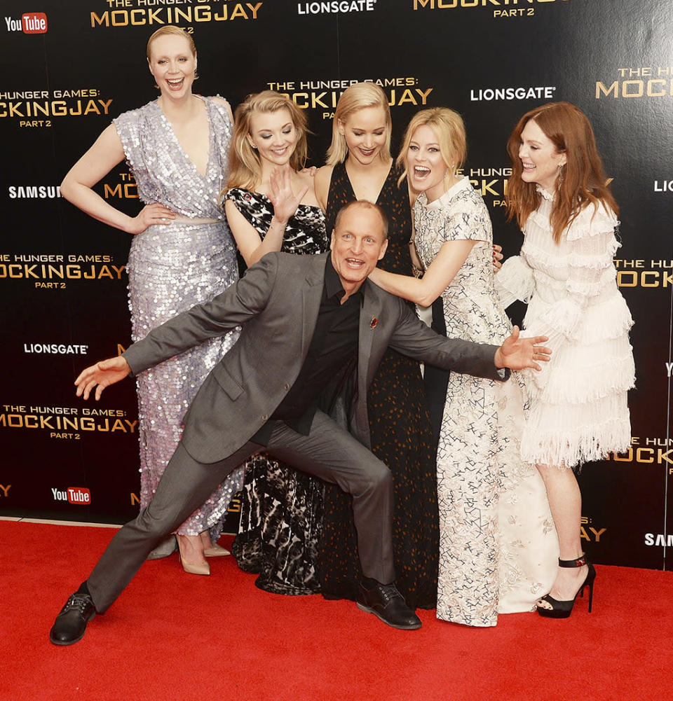 Gwendoline Christie, Natalie Dormer, Jennifer Lawrence, Woody Harrelson, Elizabeth Banks, and Julianne Moore