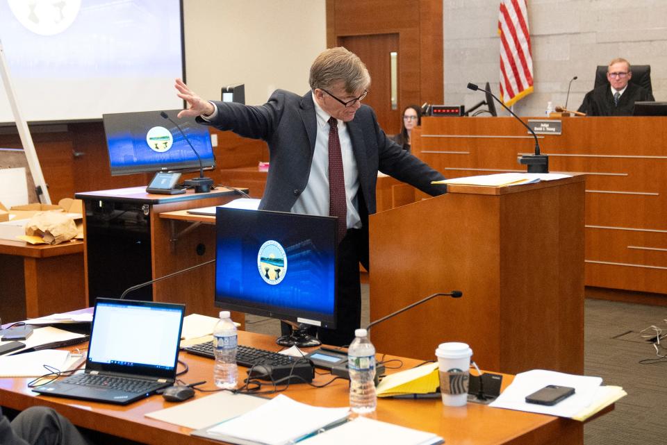Special prosecutor Gary Shroyer delivers the prosecution rebuttal on Feb. 14, 2024, during closing arguments in the murder trial of former Franklin County Sheriff's deputy Jason Meade in county Common Pleas Court.