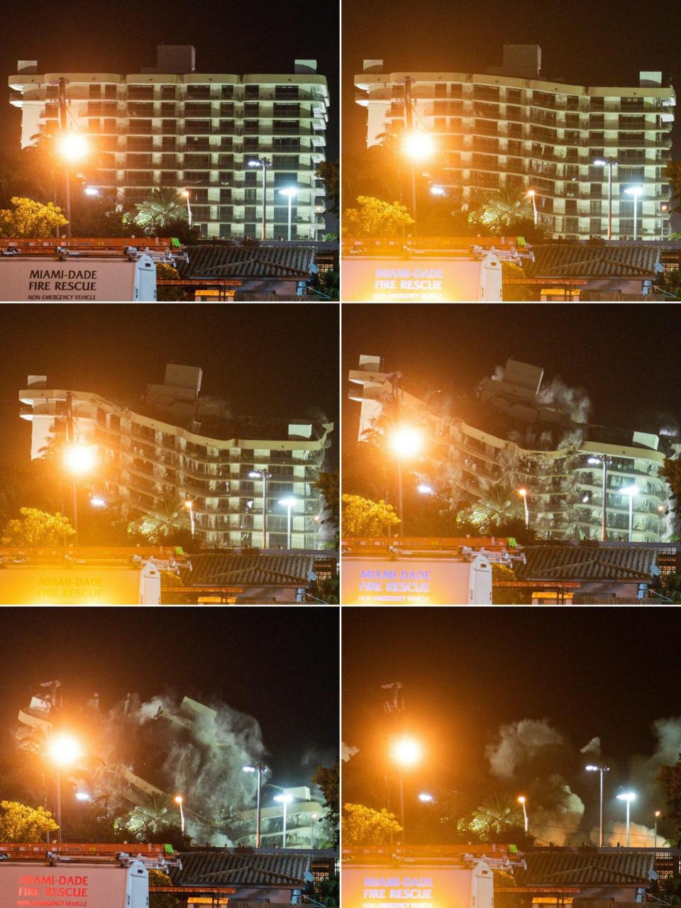 The Champlain South tower seen as it is being demolished by a controlled explosion - CHANDAN KHANNA/AFP