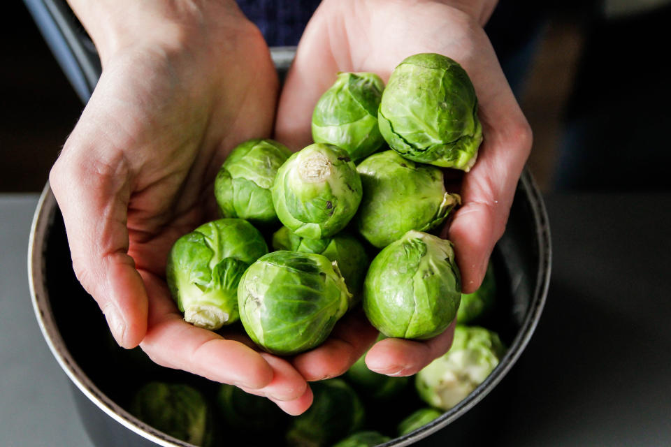 someone holding Brussel Sprouts