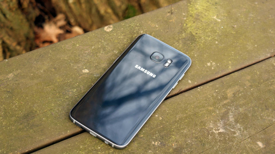 A Samsung Galaxy S7 Edge from the back, outside