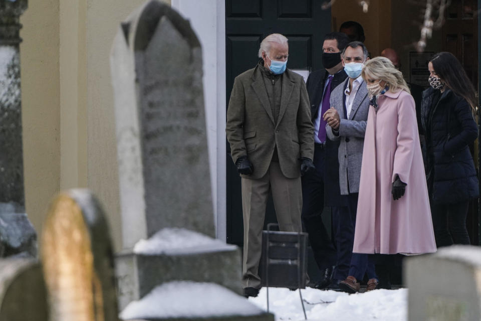 President-elect Joe Biden departs after a church service with Dr. Jill Biden, his son-in-law Howard Krein and daughter Ashley Biden at St. Joseph on the Brandywine on December 18, 2020, in Wilmington, Delaware.  / Credit: Joshua Roberts / Getty Images