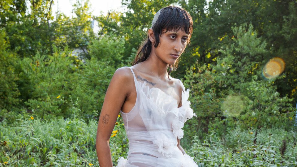 A bridal look from Collina Strada, presented at New York Fashion Week in September 2022. - Aurora Rose/Shutterstock