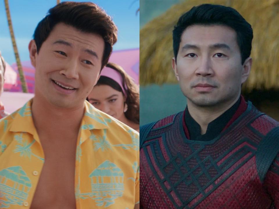 On the left: Simu Liu in "Barbie." On the right: Liu as Shang-Chi in "Shang-Chi  and the Legend of the Ten Rings"
