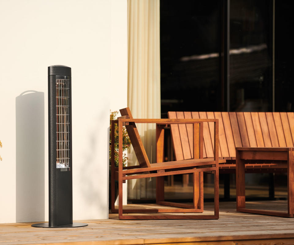 freestanding patio heater on a deck