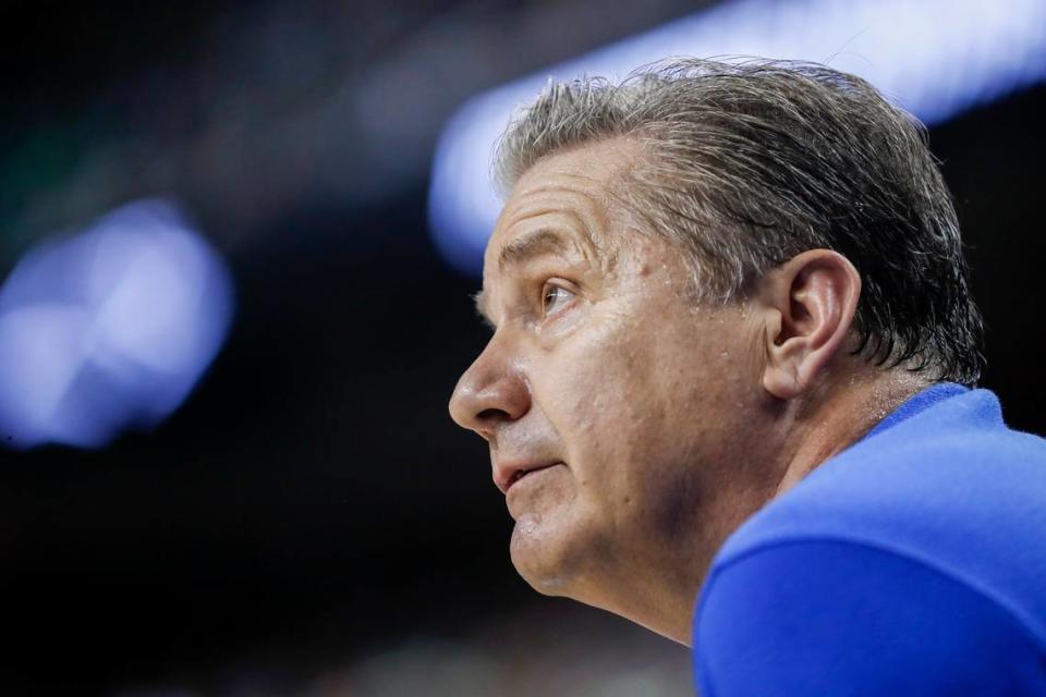 Kentucky Wildcats head coach John Calipari watches his players shoot free throws during an NCAA Tournament first round game against the Providence Friars at the Greensboro Coliseum in Greensboro, N.C., Friday, March 17, 2023. Calipari and the UK program extended two new scholarship offers to players over the weekend.