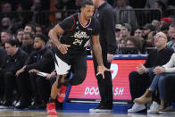 Los Angeles Clippers forward Norman Powell gestures after scoring a three-point basket in the first half of an NBA basketball game against the New York Knicks, Saturday, Feb. 4, 2023, at Madison Square Garden in New York. (AP Photo/Mary Altaffer)