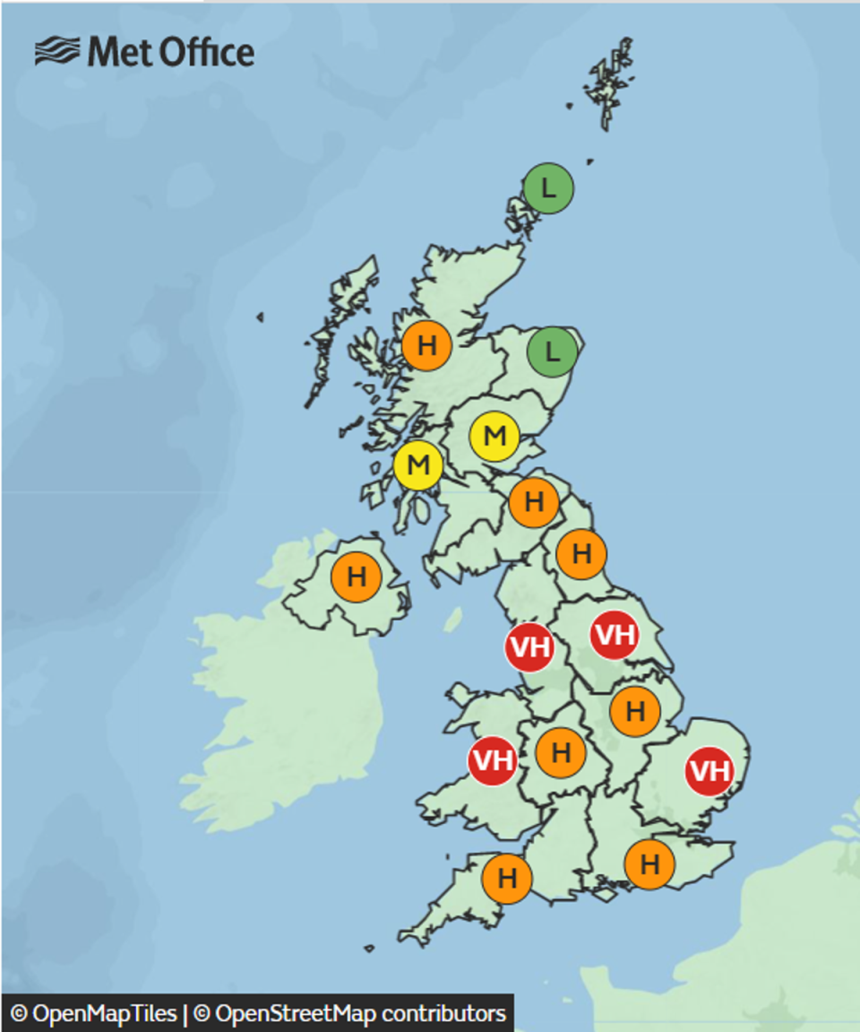 The Met Office has issued red, amber and yellow warnings for pollen levels across the UK this week (Picture: Met Office/OpenMapTiles) (Met Office/OpenMapTiles/OpenStreetMap)