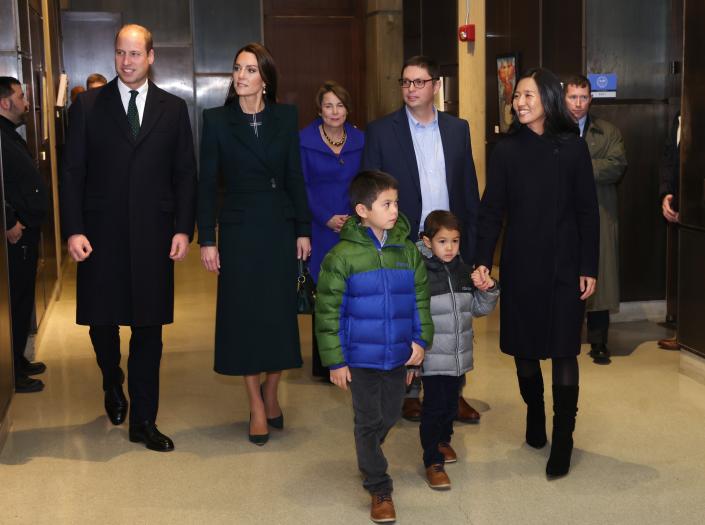 Prince William, Prince of Wales and Catherine, Princess of Wales pose with Mayor Michelle Wu and Conor Pewarski to kick off Earthshot celebrations by lighting up Boston (Getty Images)