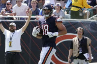 Chicago Bears tight end Jesse James (18) catches a touchdown pass against the Miami Dolphins during the second half of an NFL preseason football game in Chicago, Saturday, Aug. 14, 2021. (AP Photo/David Banks)