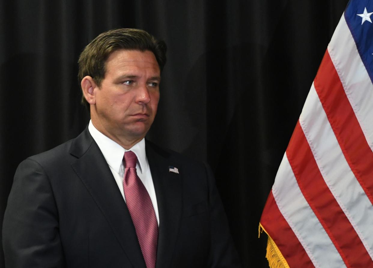 <span>Ron DeSantis attends a press conference in Sanford, Florida, on 8 April 2024.</span><span>Photograph: Paul Hennessy/Sopa Images/Rex/Shutterstock</span>