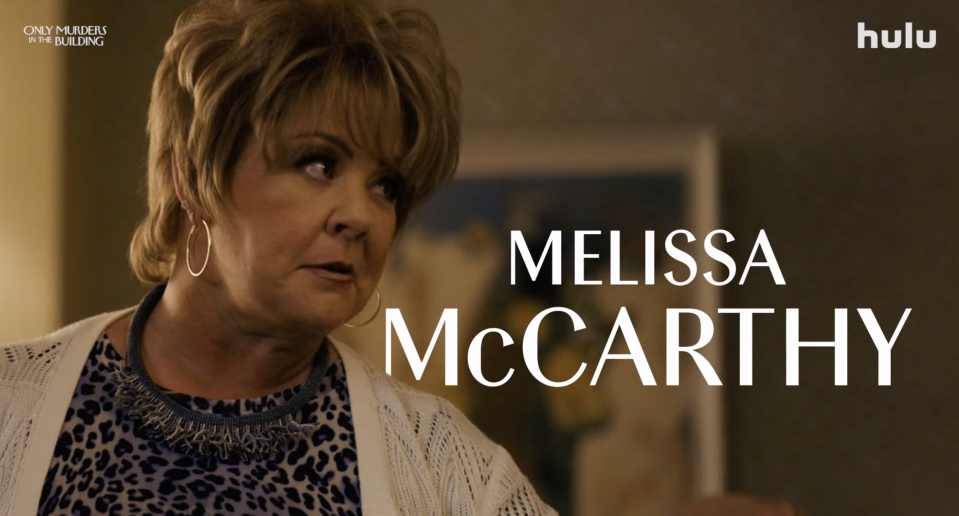 Melissa McCarthy appears in a scene from "Only Murders in the Building" on Hulu, looking intensely ahead