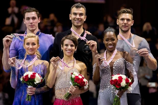 Eric Radford, top centre, is shown celebrating his 2017 world championships gold medal in pairs with former partner Meagan Duhamel, bottom centre. Radford announced on Wednesday that he will return to competition with a new partner, Vanessa James, who shown with her world championships bronze medal at bottom right.
