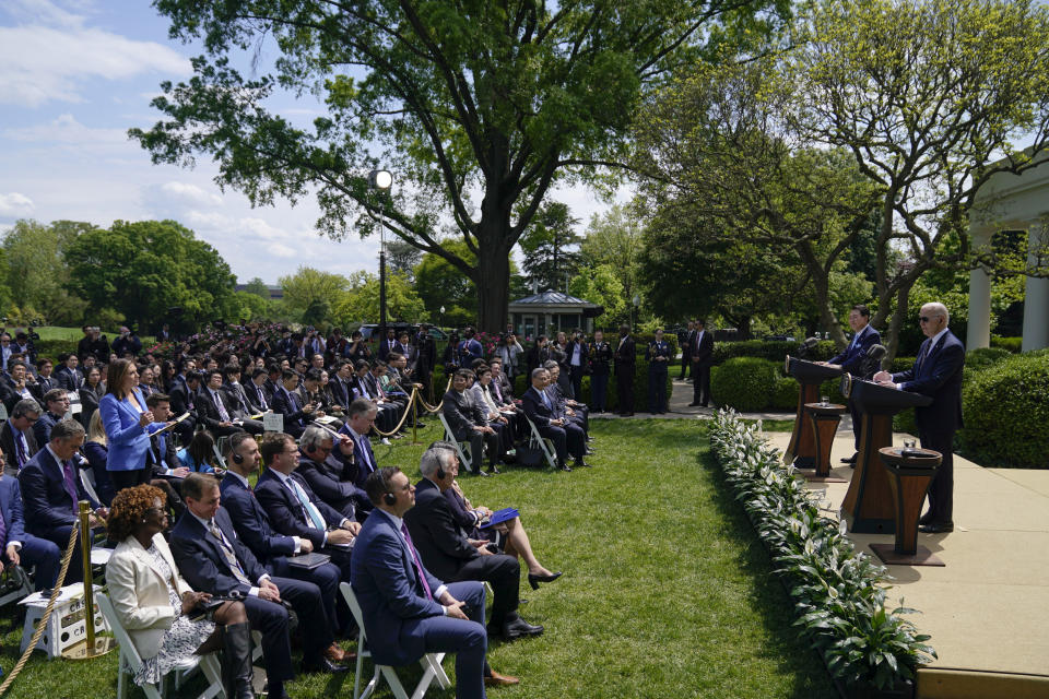 President Joe Biden responds to a question from ABC News' Mary Bruce during a news conference with South Korea's President Yoon Suk Yeol in the Rose Garden of the White House on Wednesday, April 26, 2023, in Washington. (AP Photo/Evan Vucci)