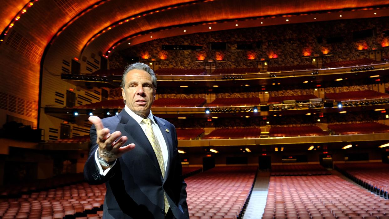 Governor Andrew Cuomo is pictured at Radio City Music Hall on Monday. Radio City will host the closing ceremonies for the Tribeca Film Festival and only be open to vaccinated attendees. 