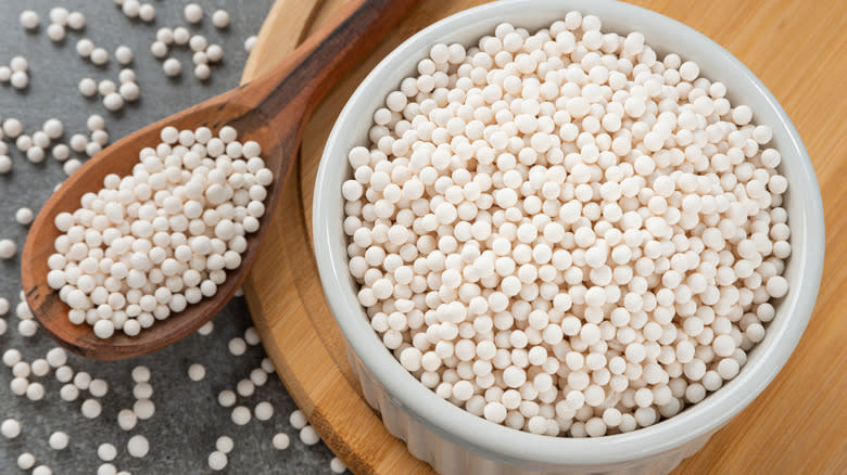 Bowl and spoon full of tapioca pearls