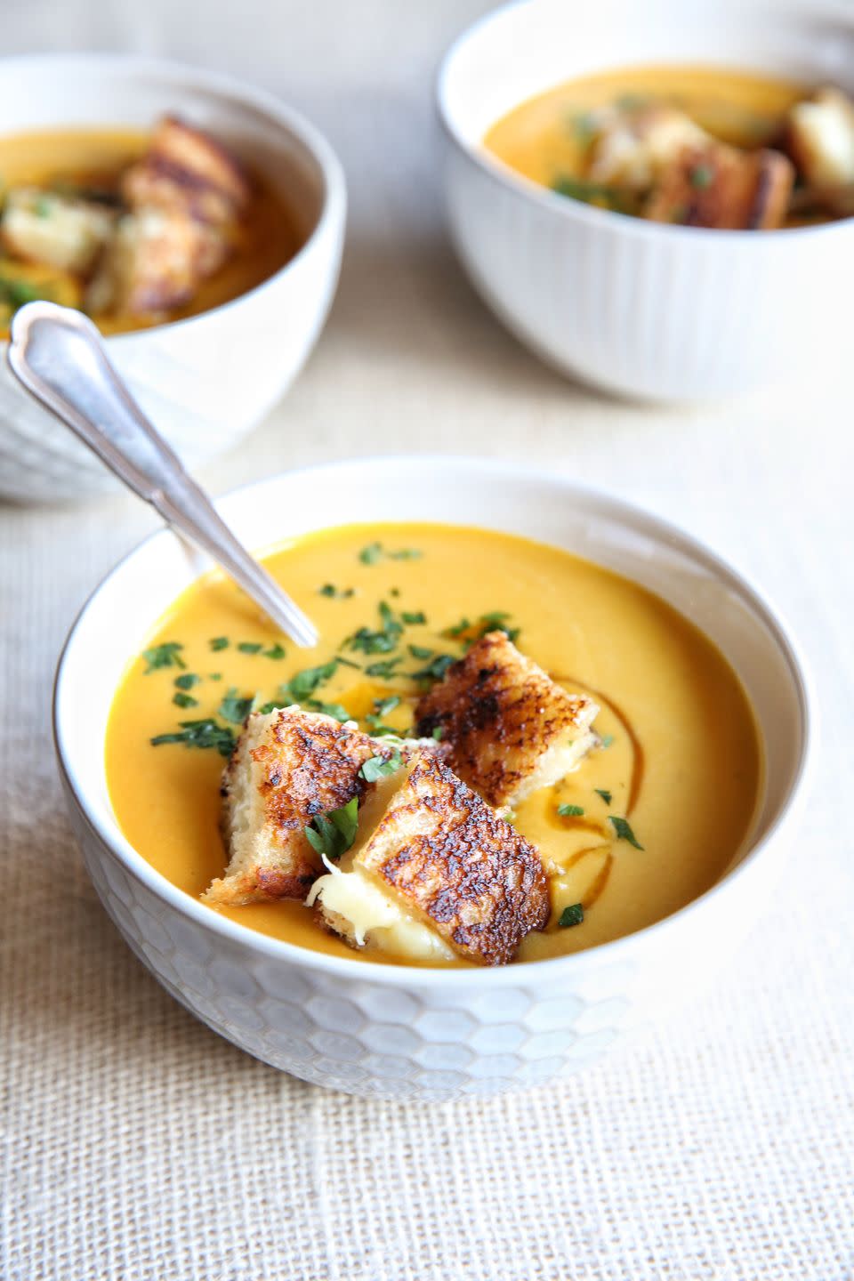 Creamy Pumpkin Soup with Grilled Cheese Croutons