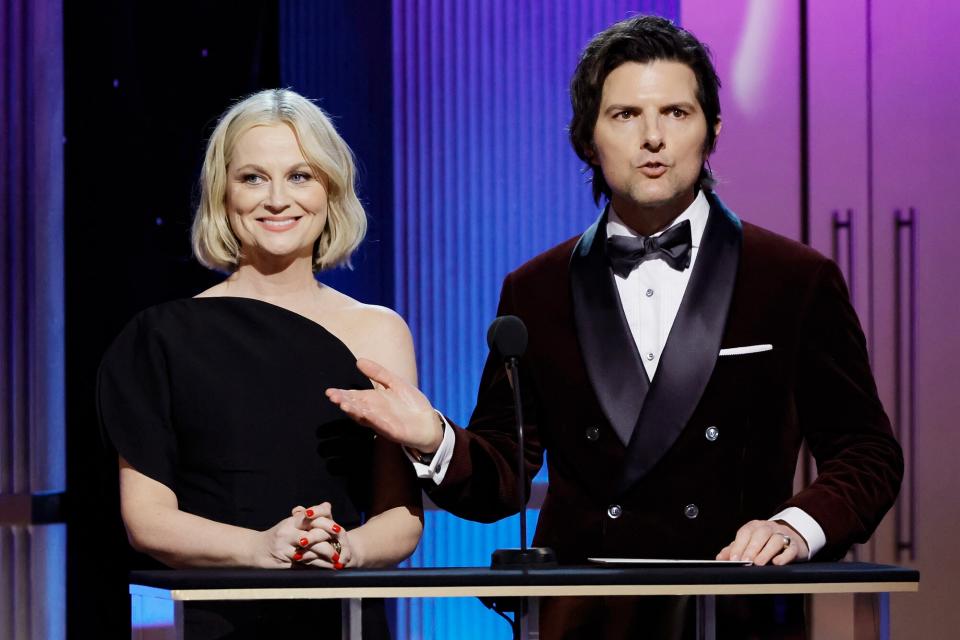 Amy Poehler and Adam Scott speak onstage during the 29th Annual Screen Actors Guild Awards at Fairmont Century Plaza on February 26, 2023 in Los Angeles, California.