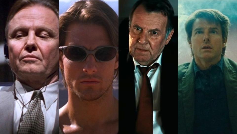 Jon Voight listens to headphones while wearing a suit on a plane, Tom Cruise in sunglasses, Tom WIlkinson in a suit, and TOm Cruise panicked with smoke behind him, all from Mission: Impossible movies