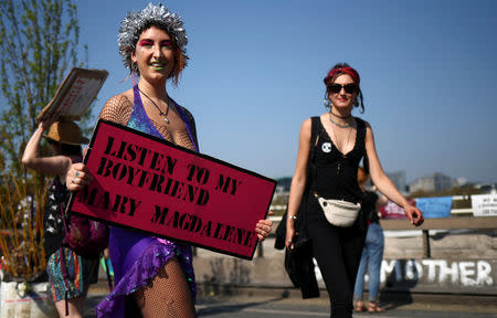 Climate change activists attend the Extinction Rebellion protest at Waterloo Bridge in London, Britain April 21, 2019. REUTERS/Hannah McKay