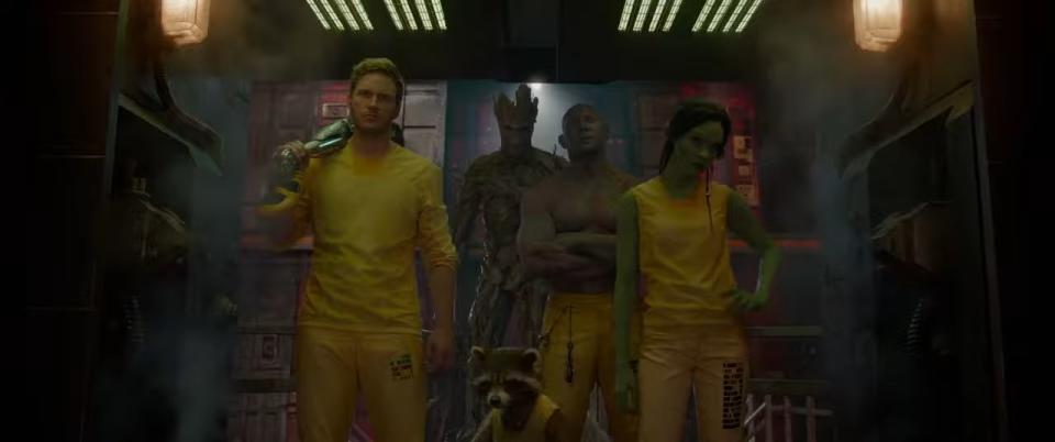 Star-Lord, Rocket, Groot, Drax, and Gamora in the Kyln in "Guardians of the Galaxy"