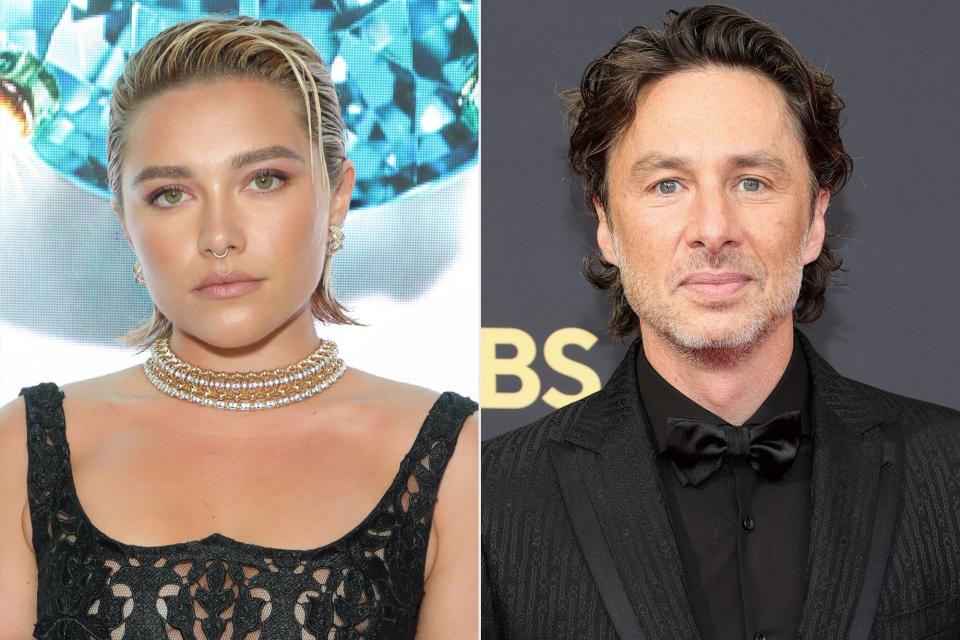 Florence Pugh attends the opening of Tiffany &amp; Co.'s Brand Exhibition - Vision &amp; Virtuosity - at the Saatchi Gallery on June 9, 2022 in London, England.; Zach Braff attends the 73rd Primetime Emmy Awards at L.A. LIVE on September 19, 2021 in Los Angeles, California.