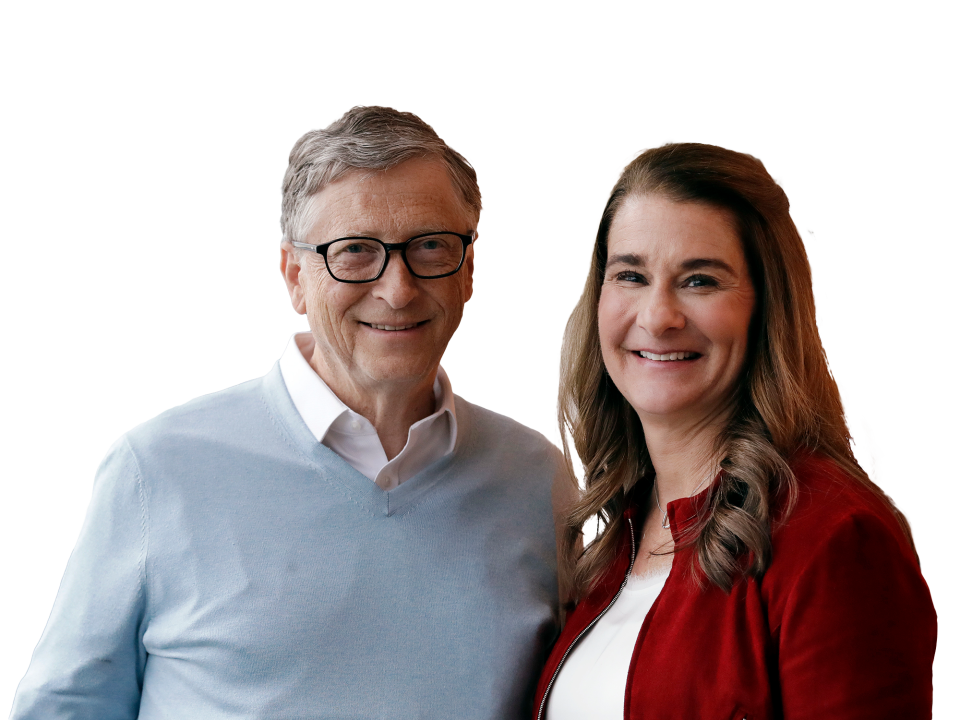 Bill and Melinda Gates (l-r), graphic element on gray