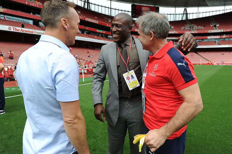 LONDON, ENGLAND - SEPTEMBER 03:  Lee Dixon, Kevin Campbell and Anders Limpar of Arsenal Legends before the Arsenal Foundation Charity match between Arsenal Legends and Milan Glorie at Emirates Stadium on September 3, 2016 in London, England.  (Photo by David Price/Arsenal FC via Getty Images)