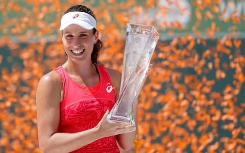 Johanna Konta of Great Britain holds the Butch Buchholz Trophy after her match against Caroline Wozniacki of Denmark (not pictured) in the women's singles championship of the 2017 Miami Open at Crandon Park Tennis Center. Konta won 6-4, 6-3 - Credit: USA TODAY Sports