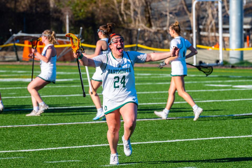 Dartmouth's Grace Haskell celebrates the 14-12 victory over Old Rochester.