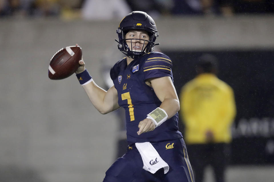 FILE - In this Sept. 27, 2019, file photo, California quarterback Chase Garbers looks to throw against Arizona State in the first half of an NCAA college football game in Berkeley, Calif. Garbers has emerged as a reliable option under center at a school that has produced its share of star quarterbacks but most recently had shined on the defensive side of the ball. (AP Photo/Ben Margot, File)