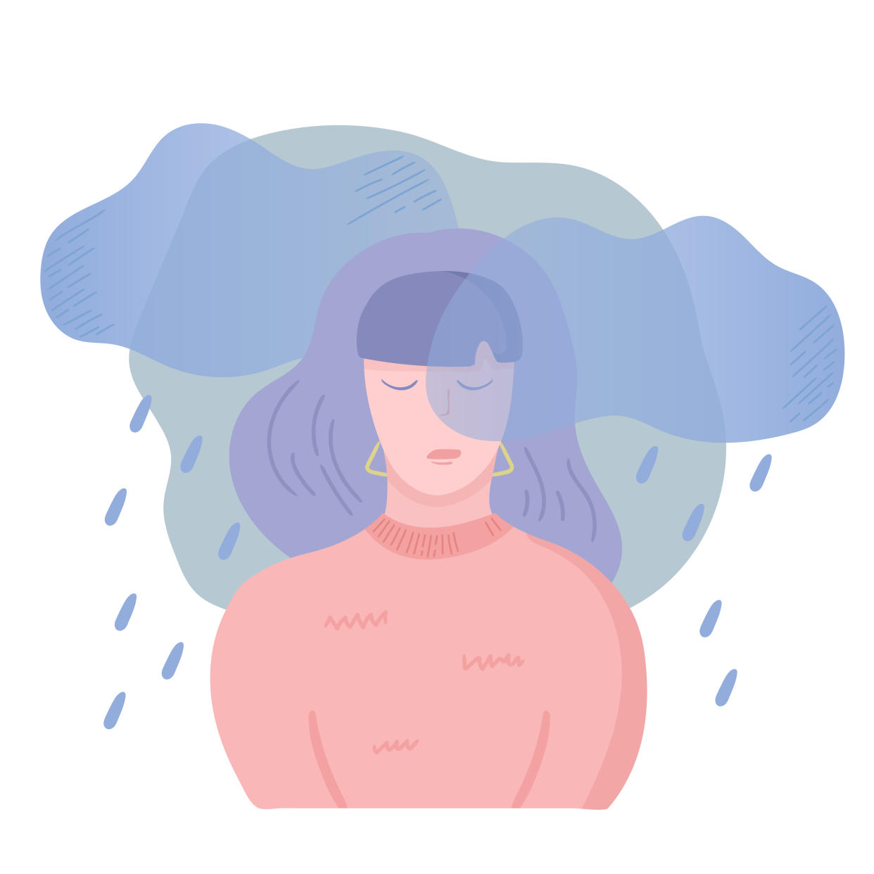 Sad unhappy girl. Depression, apathy and bad mood concept. Dark clouds and rain above the woman head. Vector illustration, cartoon flat style.