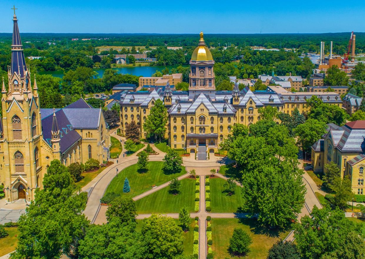 The University of Notre Dame Campus with Golden Dome, Basilica of the Sacred Heart, and Washington Hall.