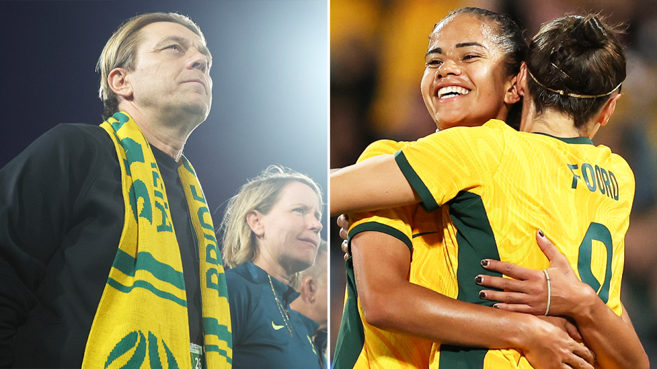 Tony Gustavsson during the anthem and Mary Fowler hugs Caitlin Foord.