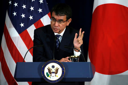Japan's Foreign Minister Taro Kono, with his U.S. counterparts, participates in a news conference after their U.S.-Japan Security talks at the State Department in Washington, U.S., August 17, 2017. REUTERS/Jonathan Ernst