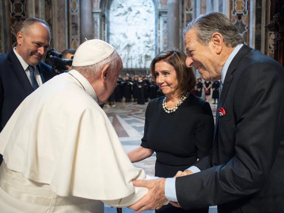 Pope Francis greets Nancy Pelosi and Paul Pelosi