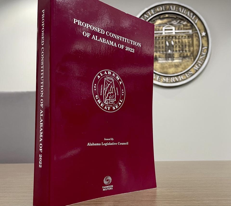 A copy of the proposed constitution of Alabama of 2022 is seen at the statehouse in Montgomery, Ala., on Tuesday, Nov. 1, 2022. Alabama voters on Nov. 8 will vote whether to ratify a recompiled Alabama Constitution that strips racist language and deleted repealed and redundant sections. The state's governing document will remain the longest in the United States at over 300,000 words. (AP Photo/Kim Chandler)