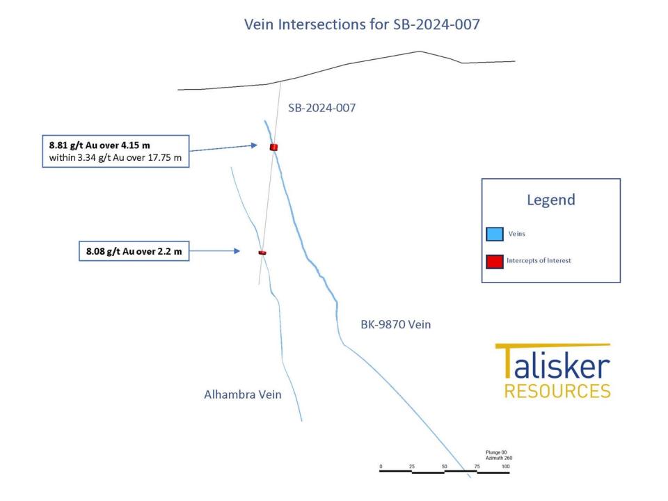 Cross section showing the SB-2024-007 drill hole intersection on the BK-9870 and Alhambra Vein.