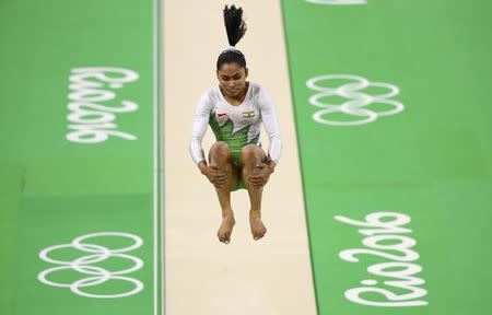 2016 Rio Olympics - Artistic Gymnastics - Preliminary - Women's Qualification - Subdivisions - Rio Olympic Arena - Rio de Janeiro, Brazil - 07/08/2016. Dipa Karmakar competes on the vault during the women's qualifications. REUTERS/Mike Blake