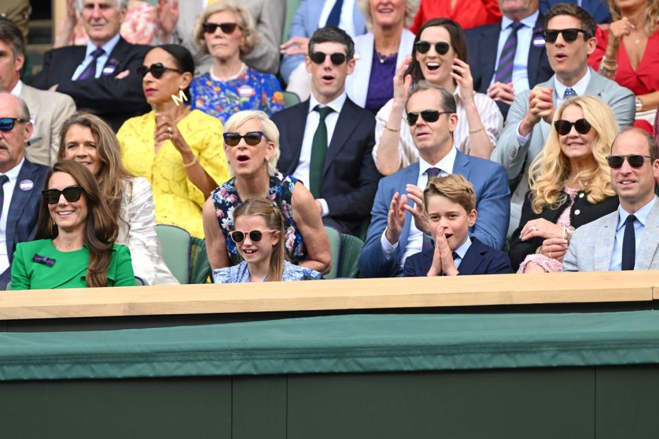 london, england july 16 catherine, princess of wales, princess charlotte of wales, prince george of wales and prince william, prince of wales watch carlos alcaraz vs novak djokovic in the wimbledon 2023 men's final on centre court during day fourteen of the wimbledon tennis championships at the all england lawn tennis and croquet club on july 16, 2023 in london, england photo by karwai tangwireimage