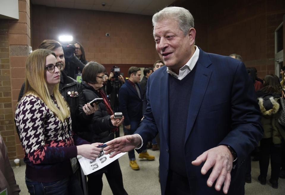 Former U.S. Vice President Al Gore talks to reporters at the premiere of the film "An Inconvenient Sequel: Truth to Power," at the Eccles Theater during the 2017 Sundance Film Festival on Thursday, Jan. 19, 2017, in Park City, Utah. (Photo by Chris Pizzello/Invision/AP)