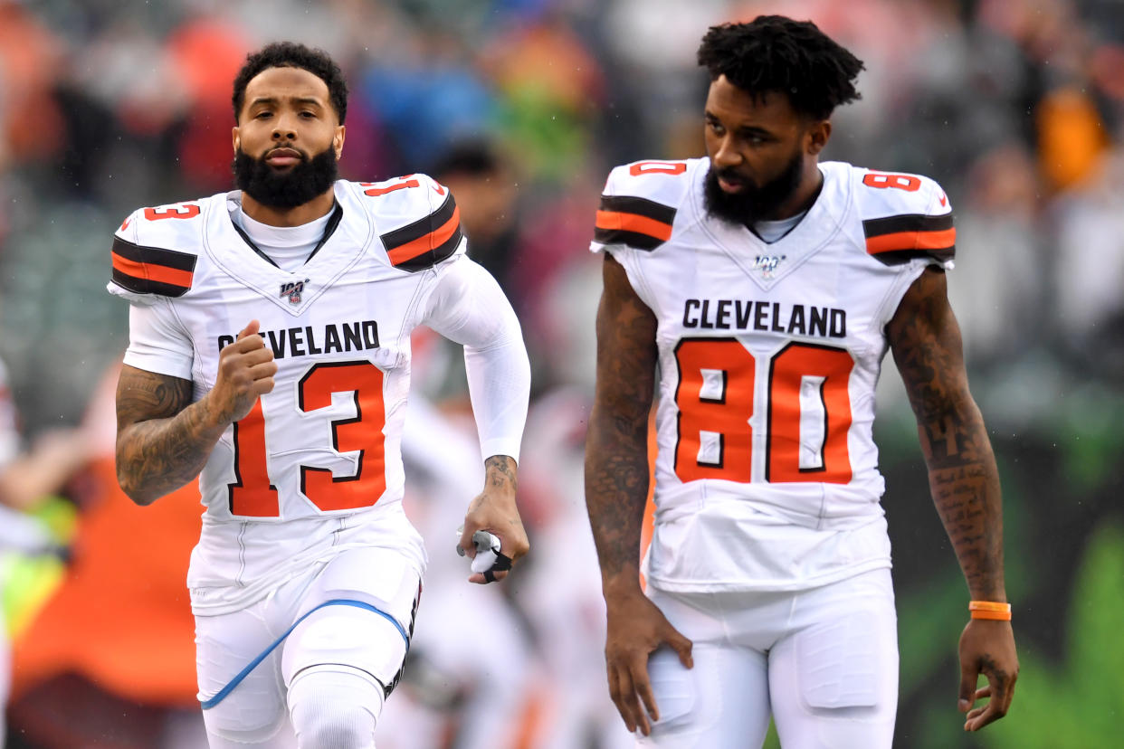 CINCINNATI, OH - DECEMBER 29, 2019: Wide receivers Jarvis Landry #80 and Odell Beckham Jr. #13 of the Cleveland Browns walk down the sideline prior to a game against the Cincinnati Bengals on December 29, 2019 at Paul Brown Stadium in Cincinnati, Ohio. Cincinnati won 33-23. (Photo by: 2019 Nick Cammett/Diamond Images via Getty Images)