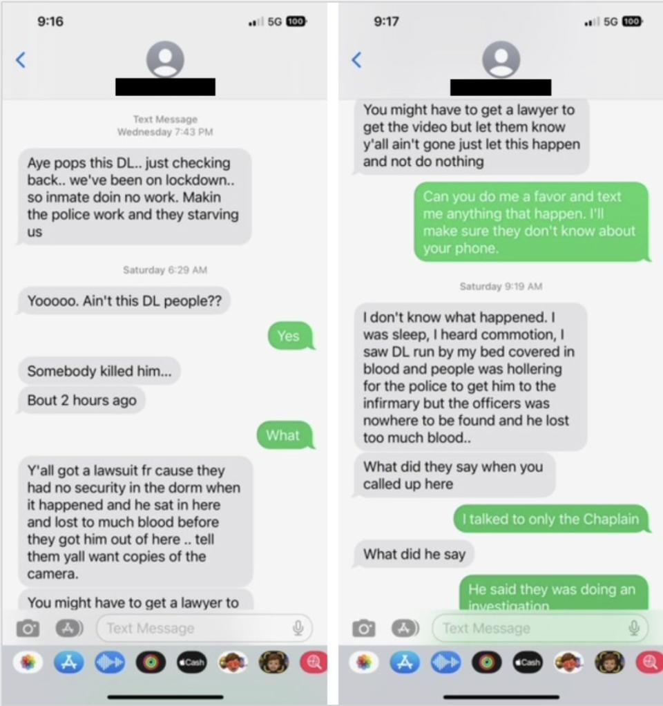 Two screenshots of a text exchange between Alfagus Smith and an unidentified inmate at Donaldson.