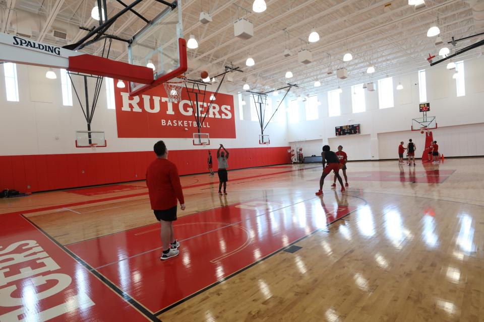 The men’s basketball practice gym of the RWJBarnabas Health Athletic Performance Center, part of two new athletic facilities on the campus of Rutgers University.